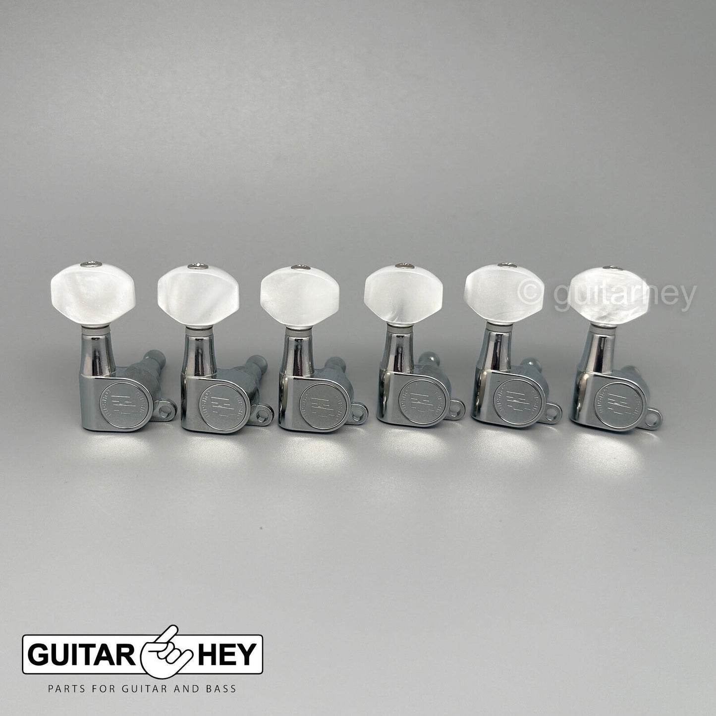 NEW Hipshot Classic Mini Tuners 6 in line STAGGERED w/ PEARL Buttons - CHROME