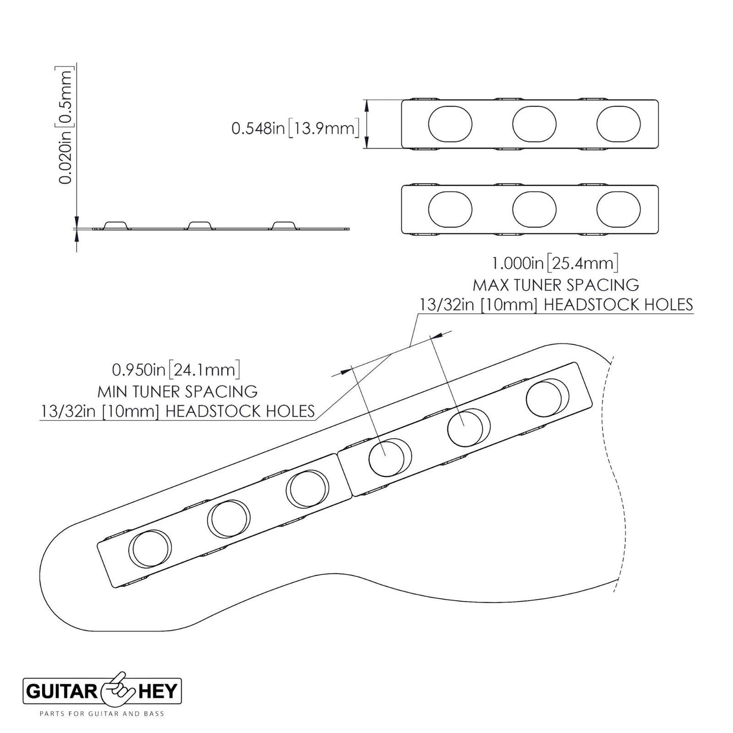 Hipshot Classic Mini Tuners LEFTY 6 in line STAGGERED Small KNURLED Button SATIN