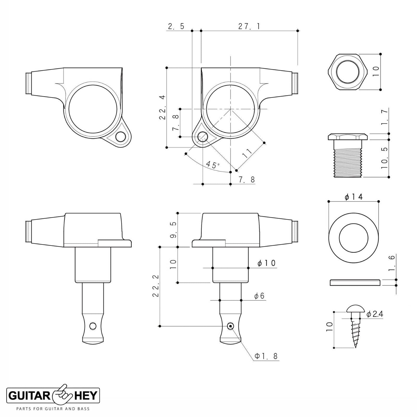 NEW Gotoh SG381-07 L2+R4 Set Mini Tuners w/ Screws and Bushings 2x4 - BLACK