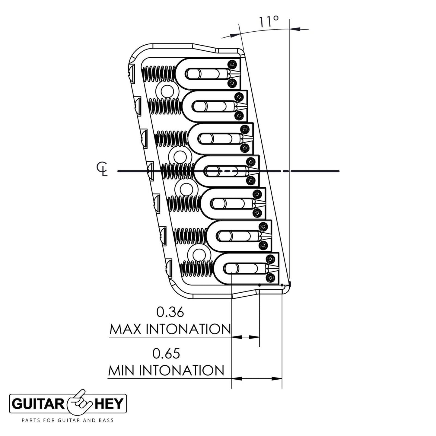 USA Hipshot 7 String Multi-Scale Fixed Guitar Bridge 11° Angle .125" Floor BLACK