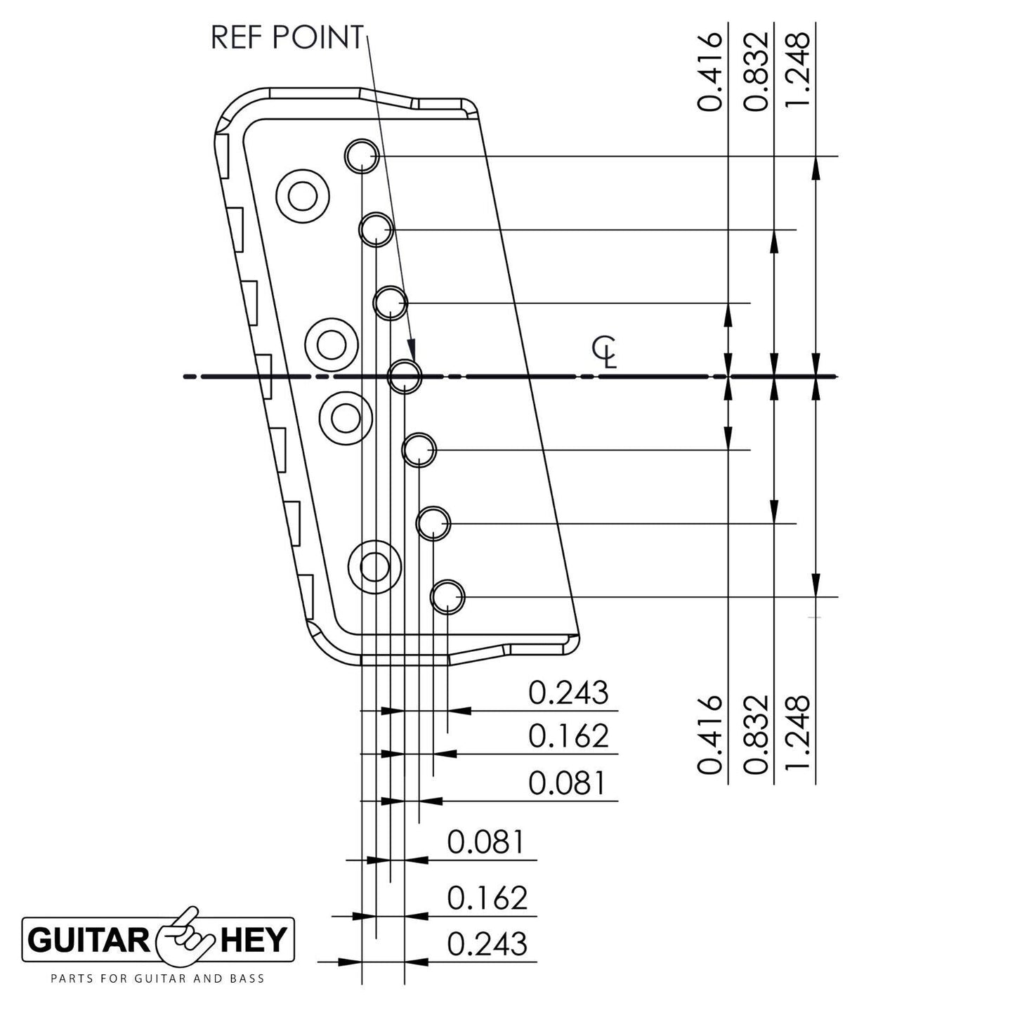 USA Hipshot 7 String Multi-Scale Fixed Guitar Bridge 11° Angle .125" Floor BLACK