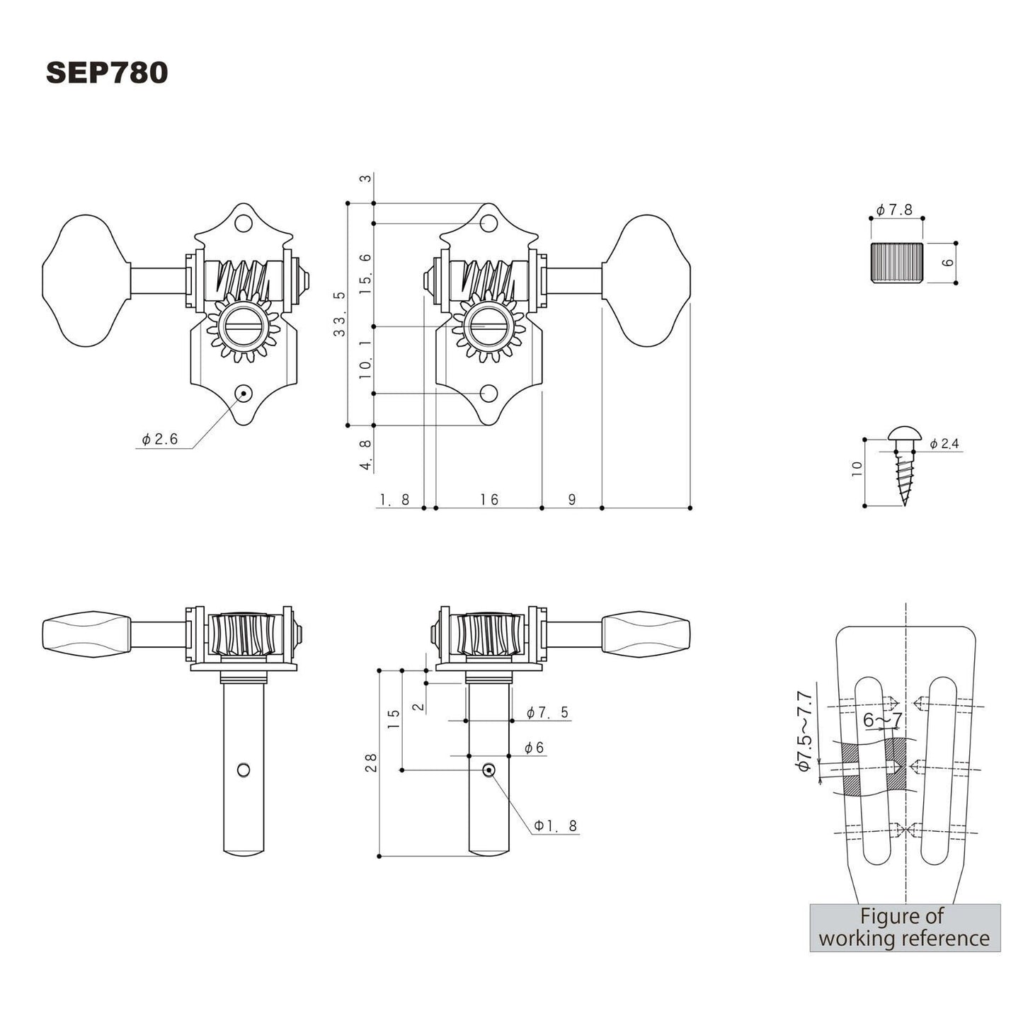 NEW Gotoh SEP780-06M Open-Gear Slot Head Keys Butterbean Buttons 3X3 - COSMO BK