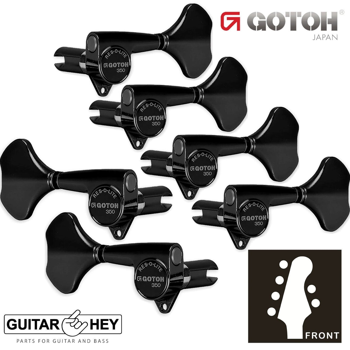 NEW Gotoh GB350 RES-O-LITE Aluminum Bass 6-String Tuning Keys L4+R2 Set - BLACK