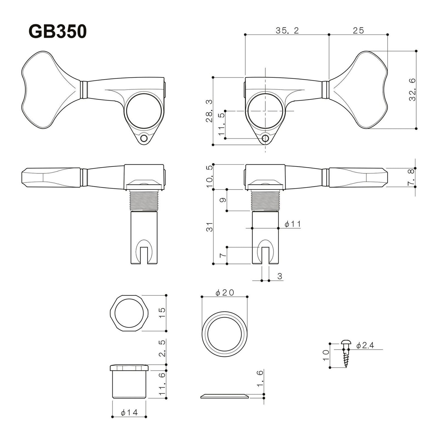 NEW Gotoh GB350 RES-O-LITE Aluminum Bass 6-String Tuning Keys L2+R4 Set - BLACK