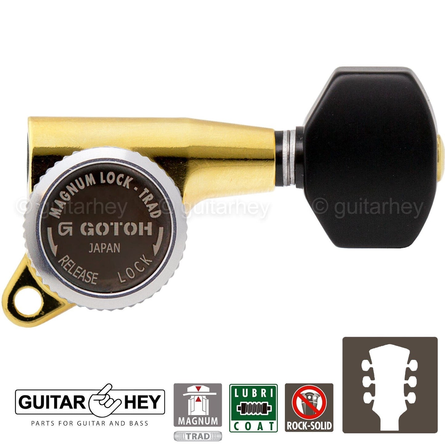NEW Gotoh SG381-B07 MGT Locking Tuning BLACK Plastic Buttons Keys Set 3x3 - GOLD