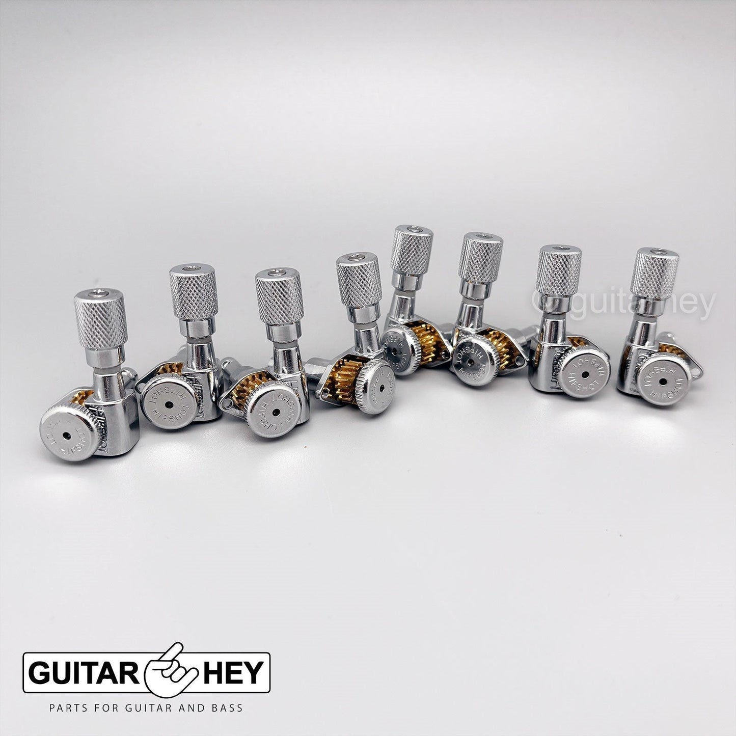 NEW Hipshot 8-String Grip-Lock LOCKING TUNERS Knurled Buttons 4x4 Set - CHROME
