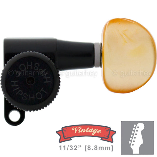 NEW Hipshot VINTAGE 6-in-Line Locking Tuners STAGGERED Amber Buttons - BLACK