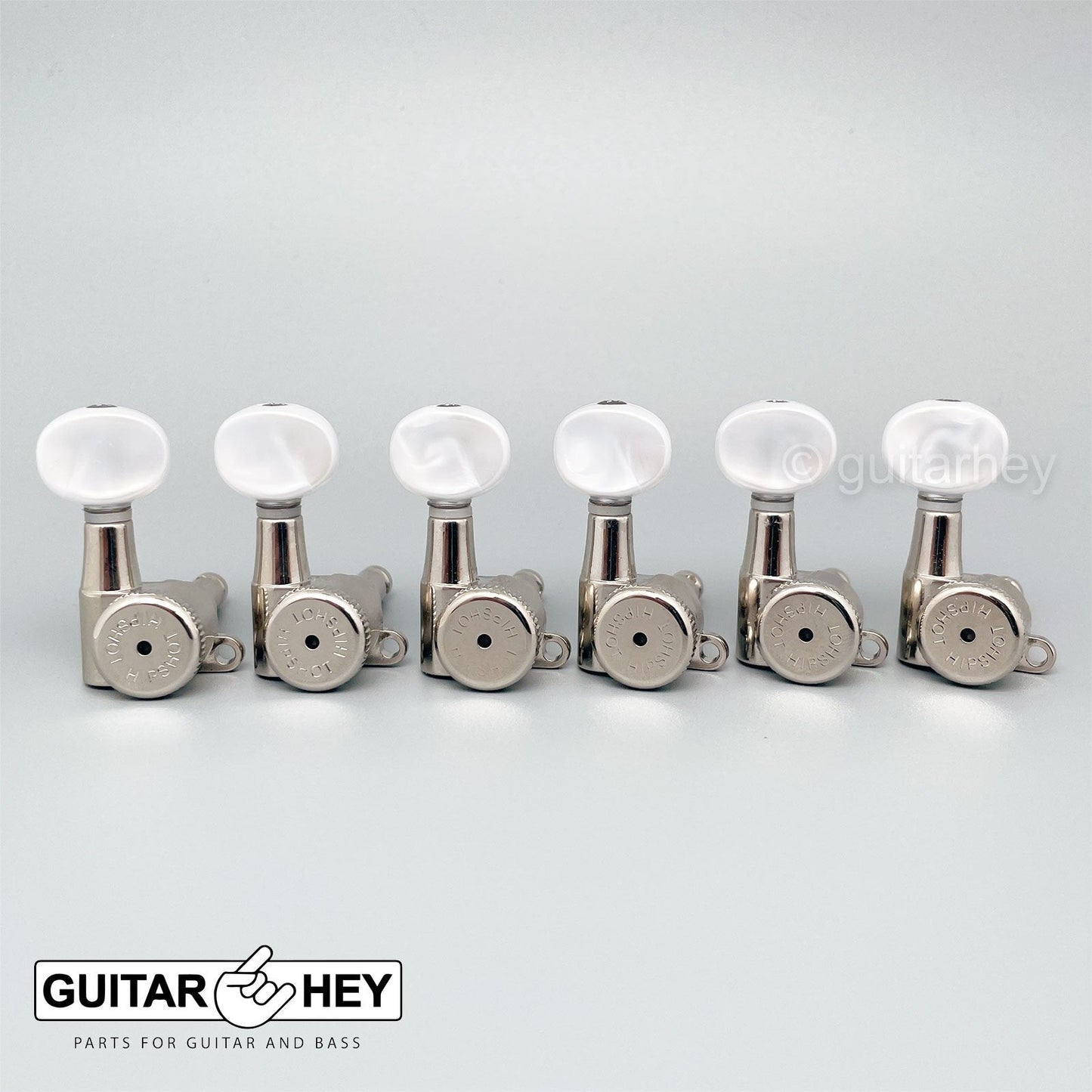 NEW Hipshot 6-in-Line LOCKING Tuners STAGGERED Set w/ PEARL Buttons - NICKEL