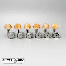 Load image into Gallery viewer, NEW Hipshot 6-in-Line LOCKING Tuners STAGGERED Set w/ AMBER Buttons - NICKEL