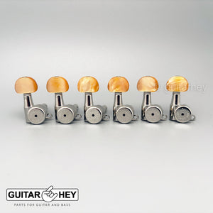 NEW Hipshot 6-in-Line LOCKING Tuners STAGGERED Set w/ AMBER Buttons - NICKEL