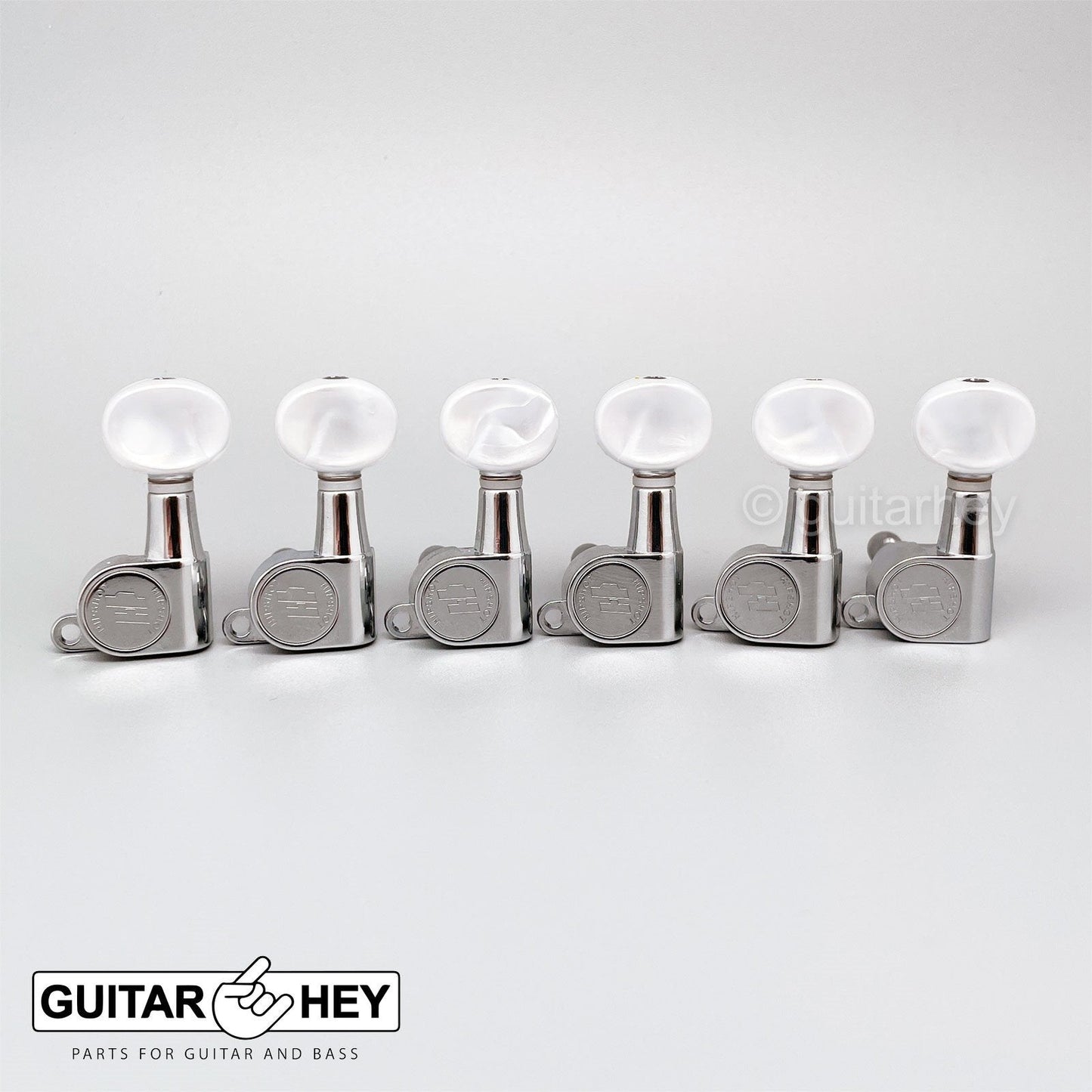 Hipshot Classic Mini Tuners 6 in line STAGGERED Oval Pearl LEFT-HANDED - CHROME