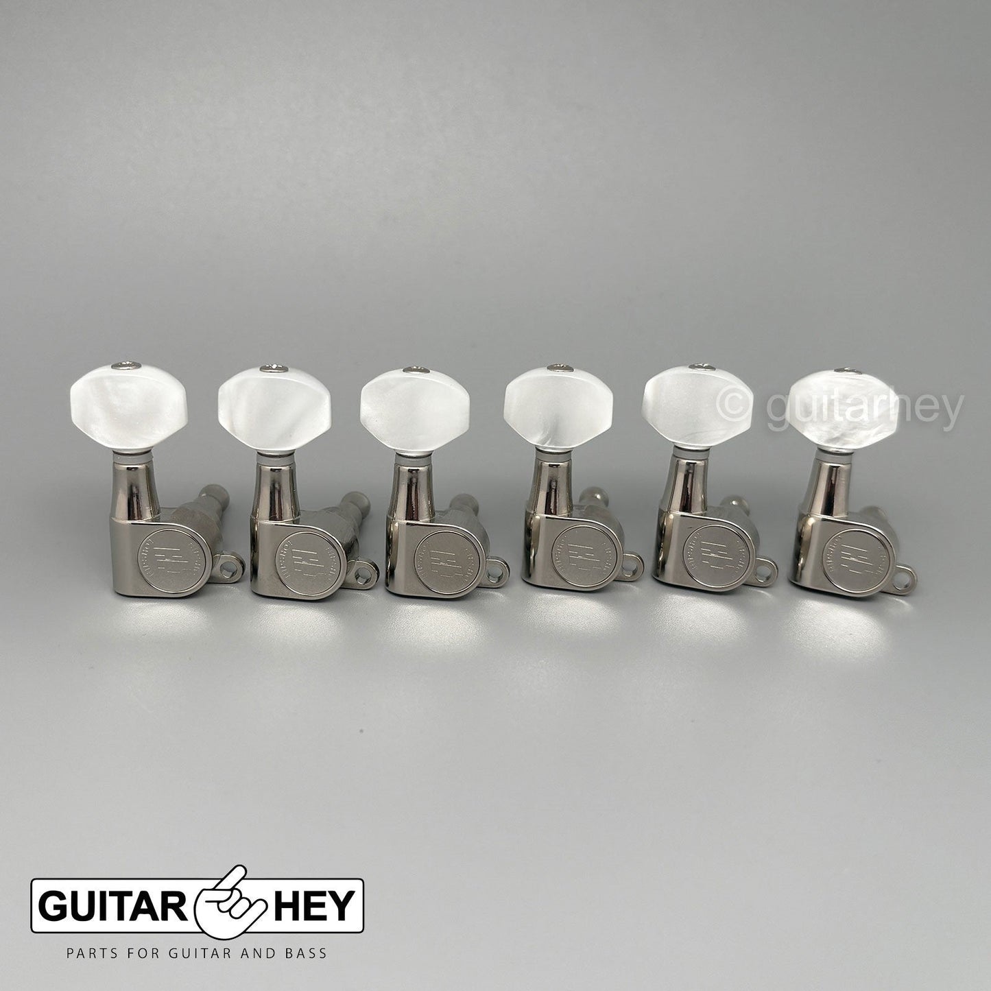 NEW Hipshot Classic Mini Tuners 6 in line STAGGERED w/ PEARL Buttons - NICKEL