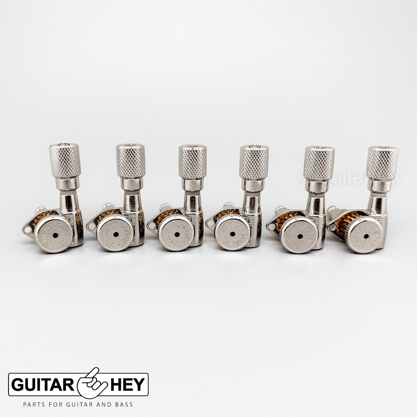 Hipshot LOCKING Tuners 6 in line STAGGERED Knurled Buttons LEFT-HANDED - NICKEL