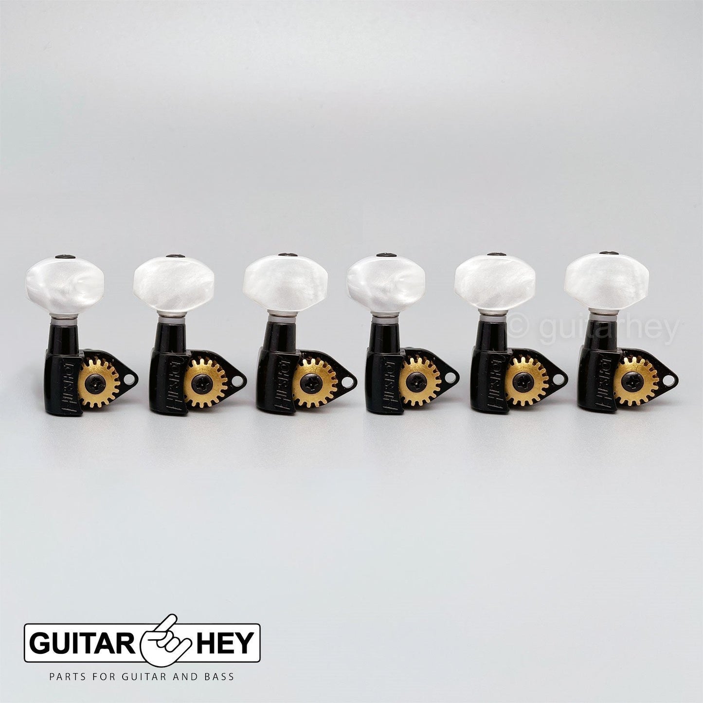NEW Hipshot Classic Open-Gear STAGGERED Tuners 6 in line HEX Pearl Buttons BLACK