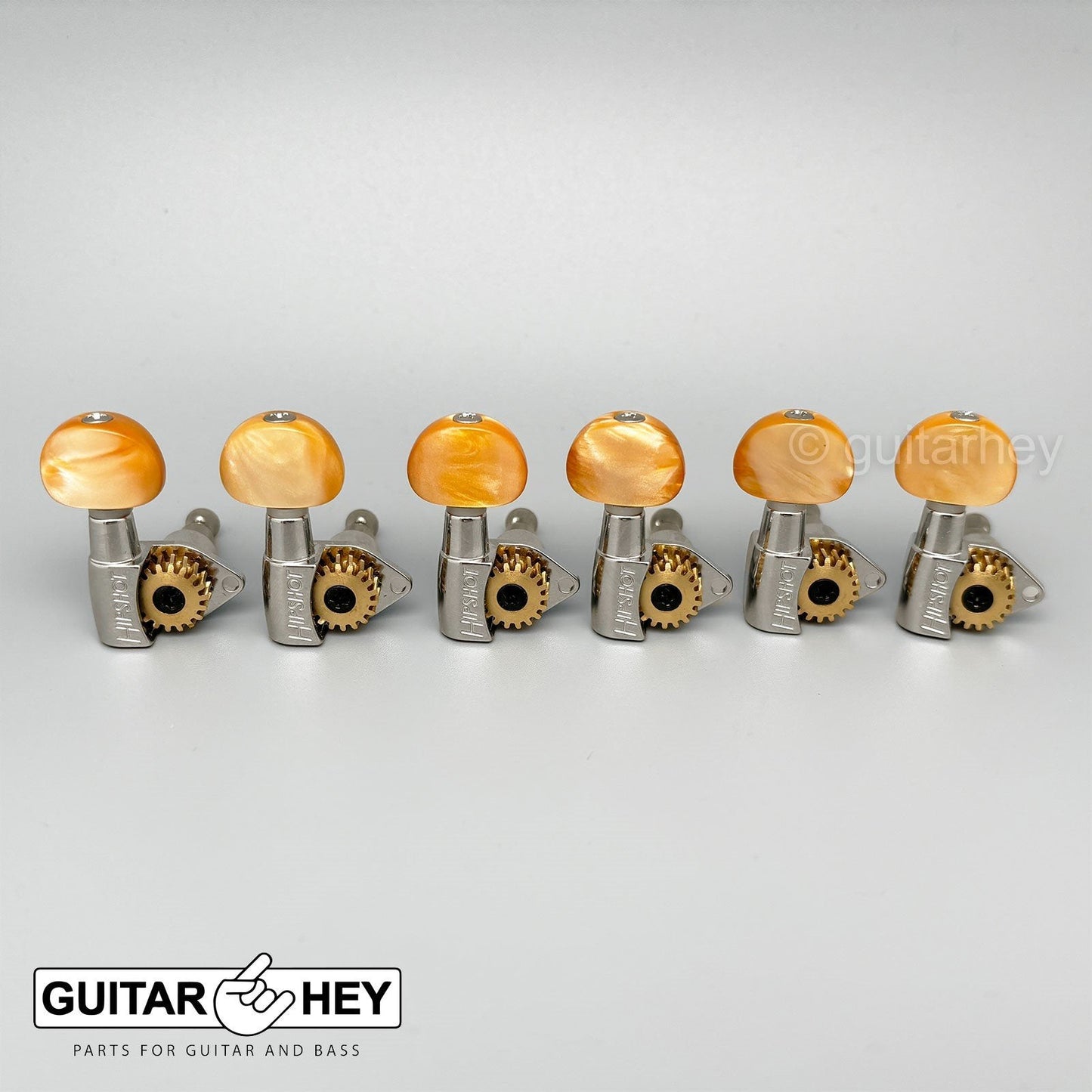 NEW Hipshot Classic 6 in Line Non-Staggered Open-Gear AMBER Buttons - NICKEL