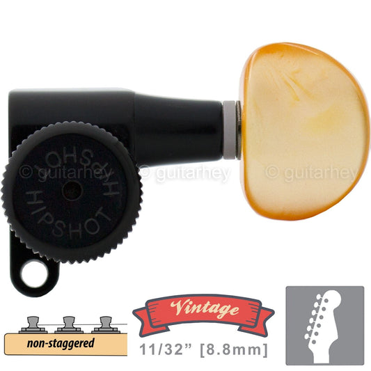 NEW Hipshot VINTAGE 6-in-Line Locking Tuners Non-Stag Amber Buttons - BLACK
