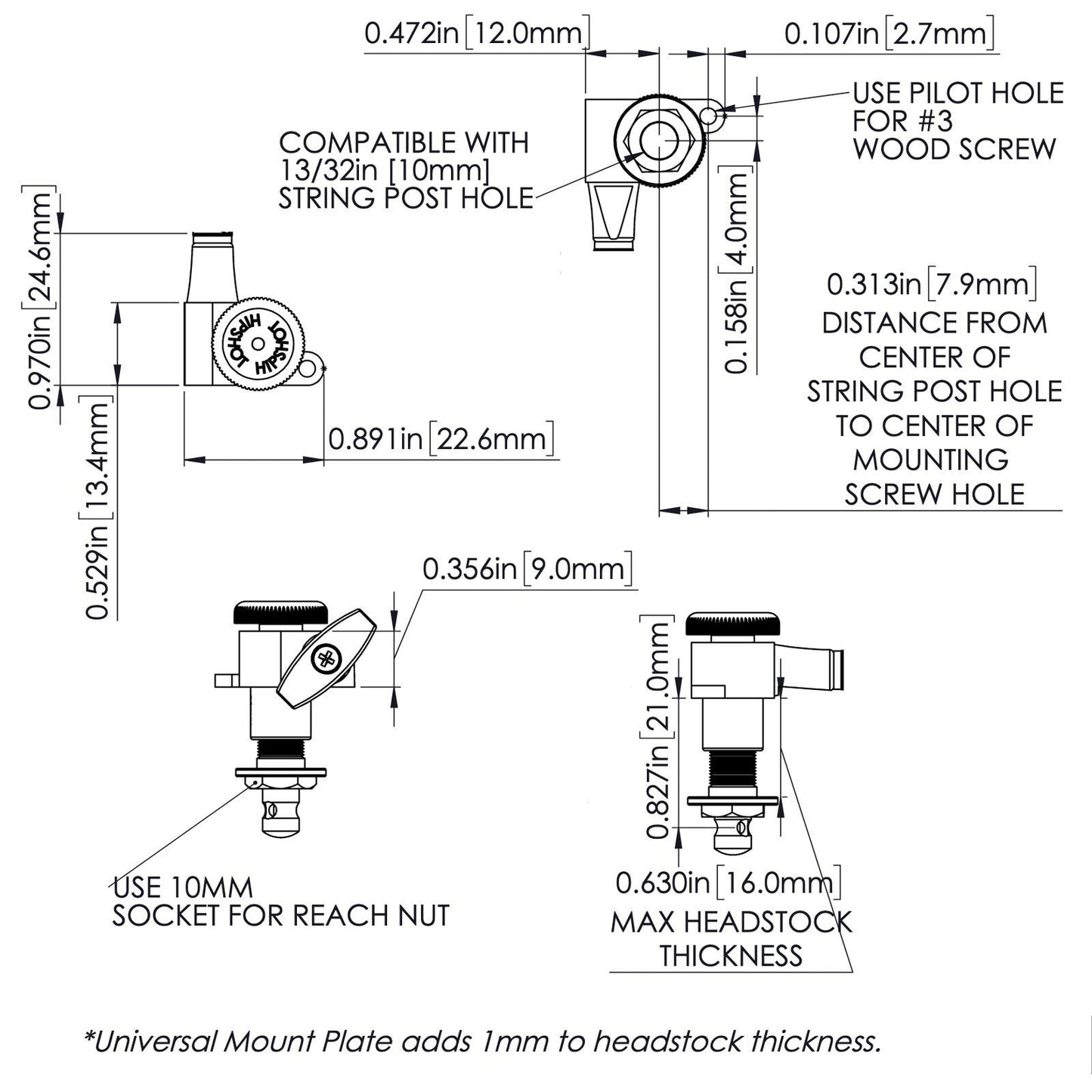 NEW Hipshot Tuners Schaller Mini M6 Style w/ DOMED Buttons D02 Set 3x3 - CHROME