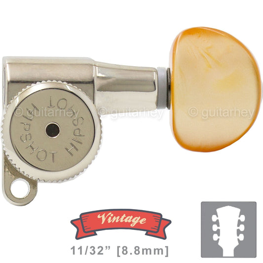 NEW Hipshot Vintage L3+R3 LOCKING Mini Tuners SET Amber Moon Buttons 3x3, NICKEL