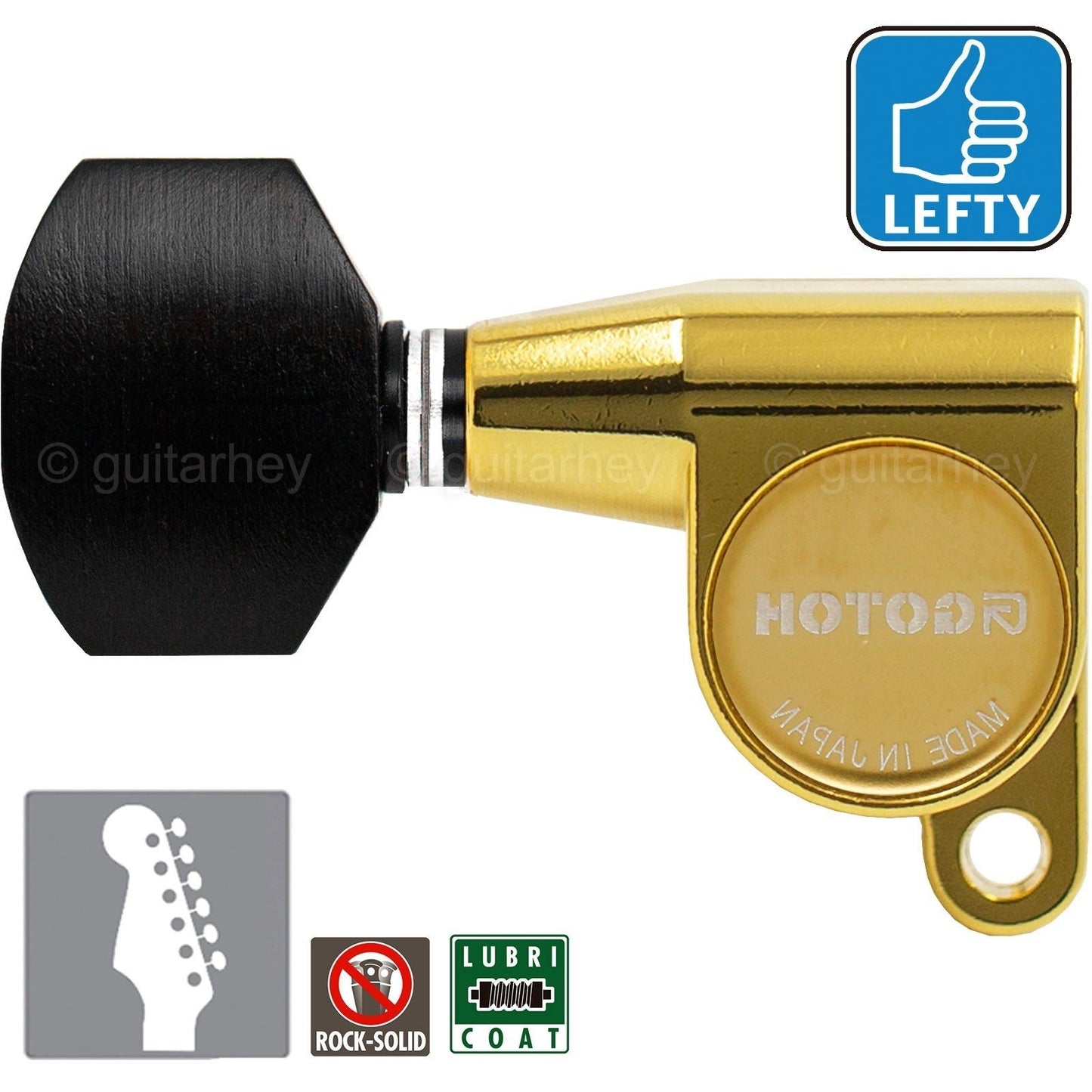 NEW Gotoh SG360-EN07 6 In-Line Mini Tuners EBONY Buttons LEFT-HANDED - GOLD