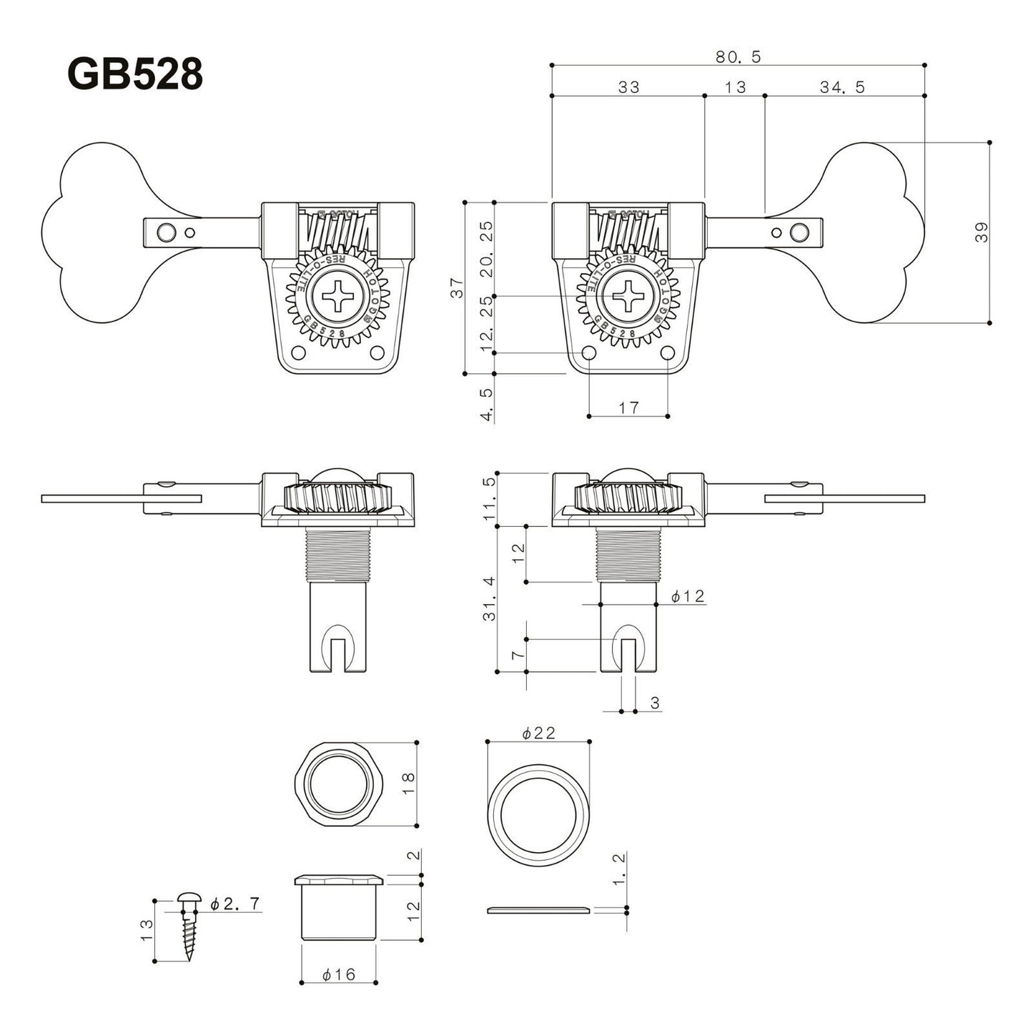 NEW Gotoh GB528 Res-O-Lite Vintage Style Bass 4-in-Line Set Lightweight - CHROME