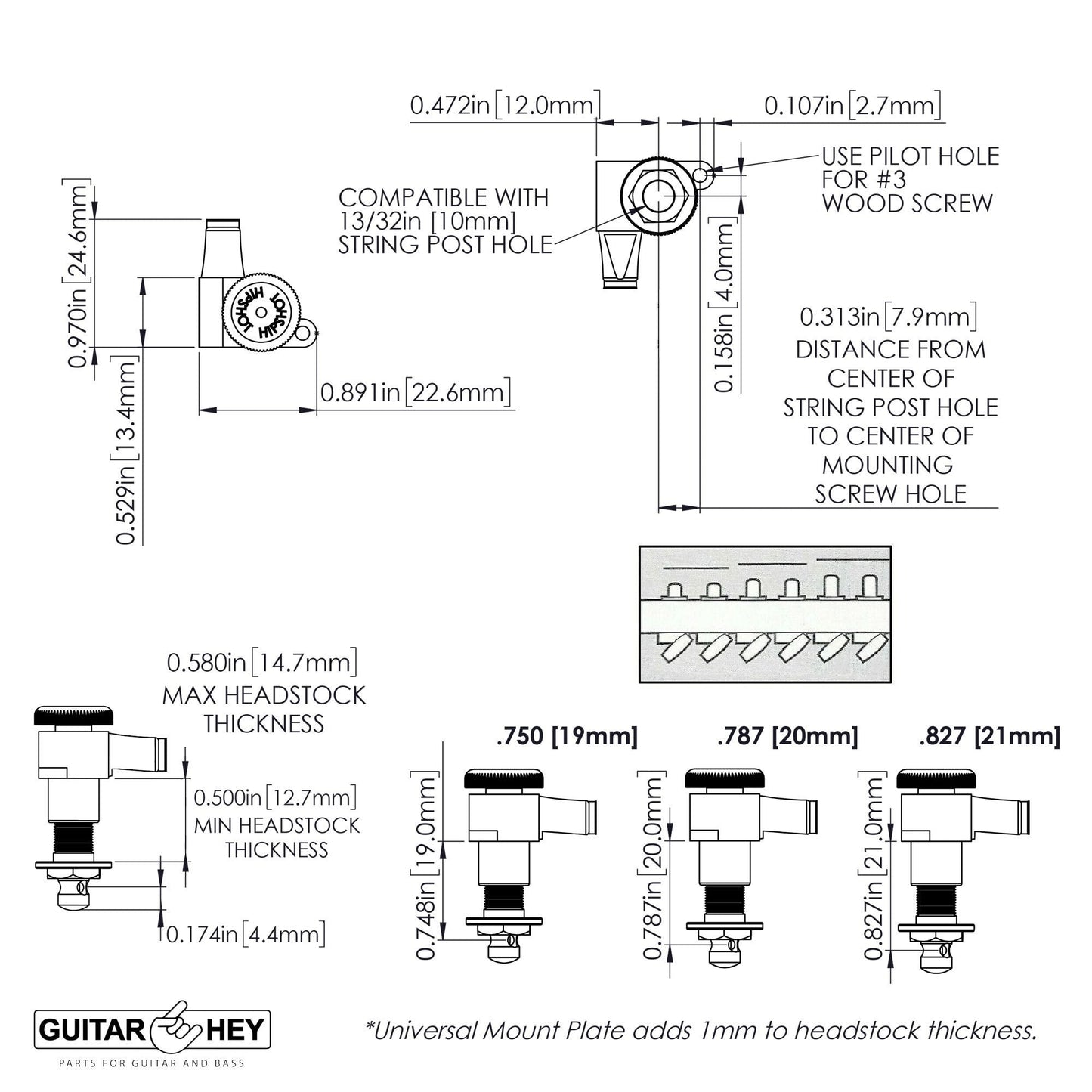 Hipshot 6-in-Line Tuners Schaller Mini Locking M6 Style STAGGERED SK1C - CHROME