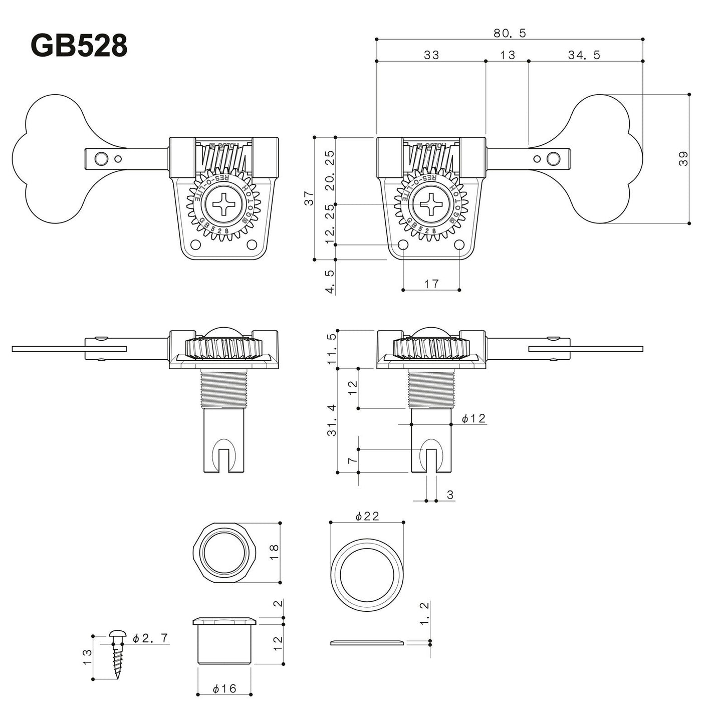 NEW Gotoh GB528 Res-O-Lite Vintage Style Bass 4-in-Line Set LEFT HANDED - NICKEL