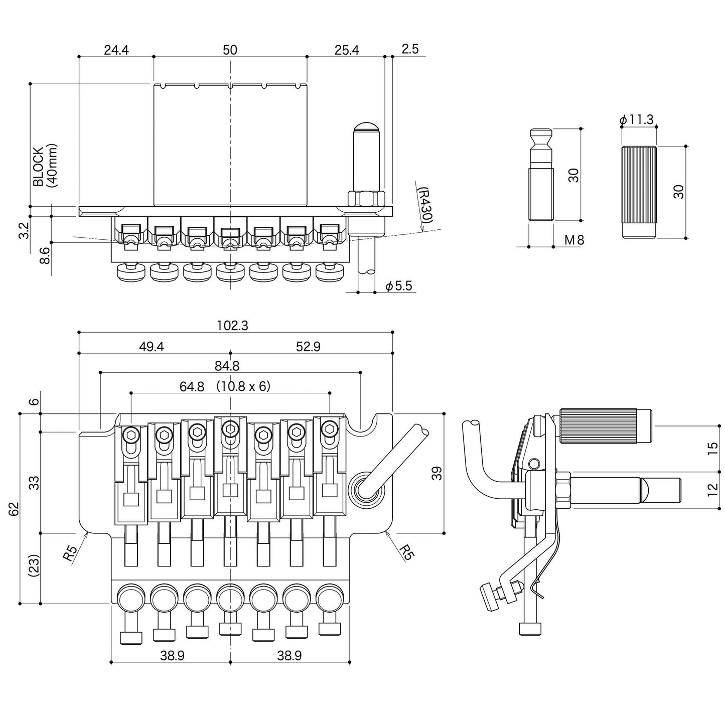 NEW Gotoh GE1996T-7 Floyd Rose Locking Tremolo 7-String 40mm Block - COSMO BLACK
