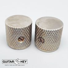 Load image into Gallery viewer, (2) RELIC Brass Flat Barrel Knobs for Bass &amp; Guitar 6.35mm ID 1/4&quot; USA - AGED