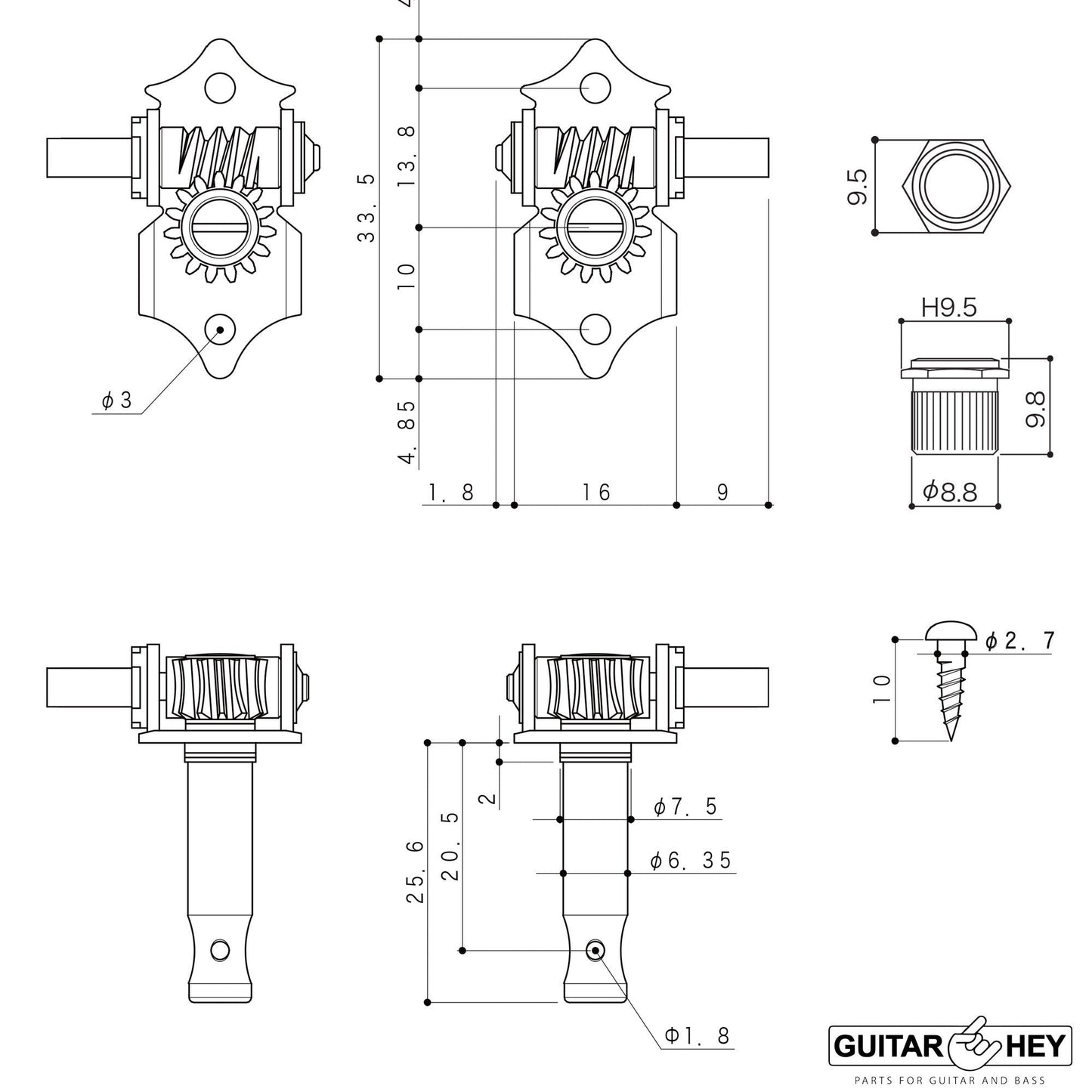 NEW Gotoh SE700-SL OPEN-GEAR Tuning Keys L3+R3 w/ KEYSTONE Buttons 3x3 - GOLD