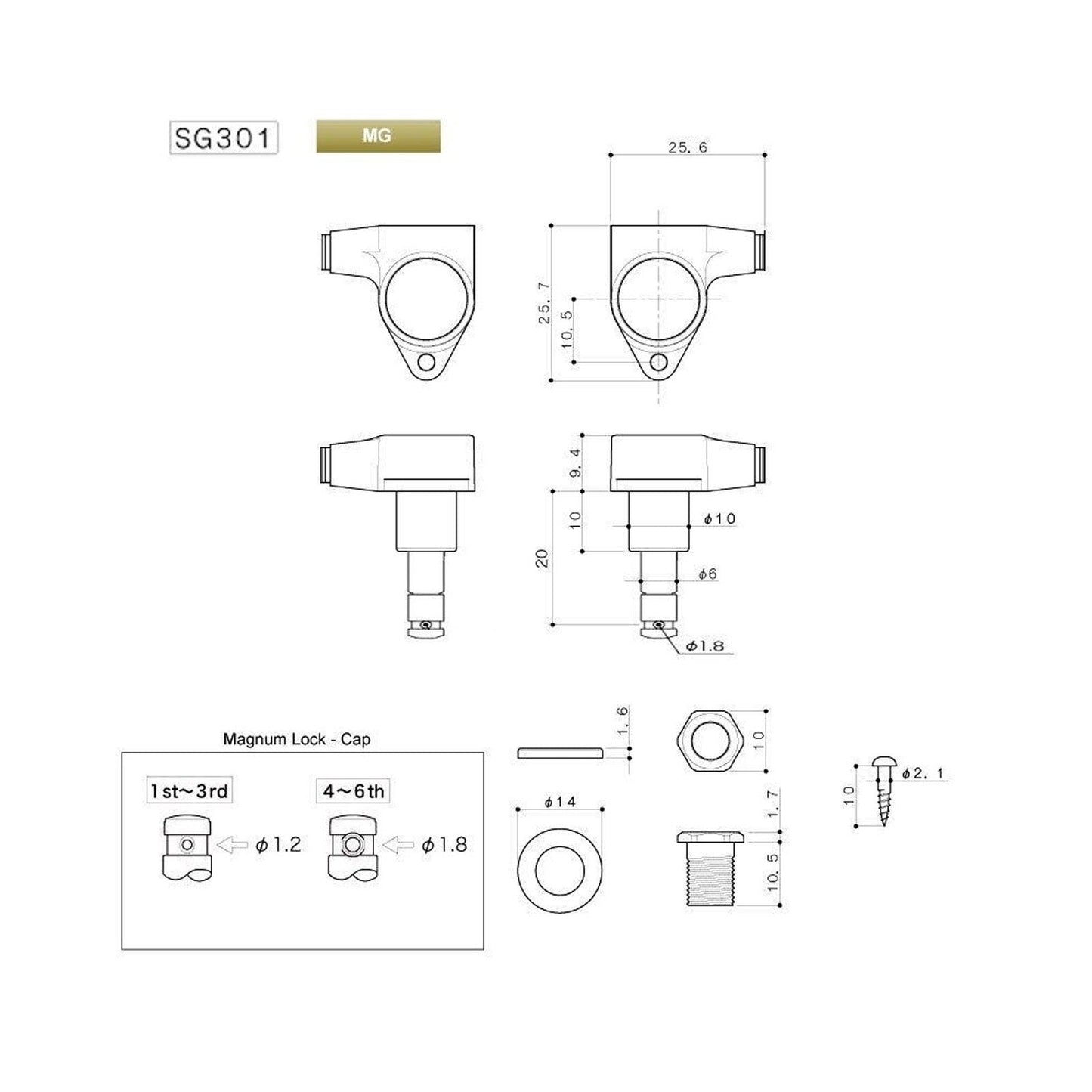 NEW Gotoh SG301-P8 MG Locking Tuners SMALL Amber Buttons Set 3x3 - COSMO BLACK
