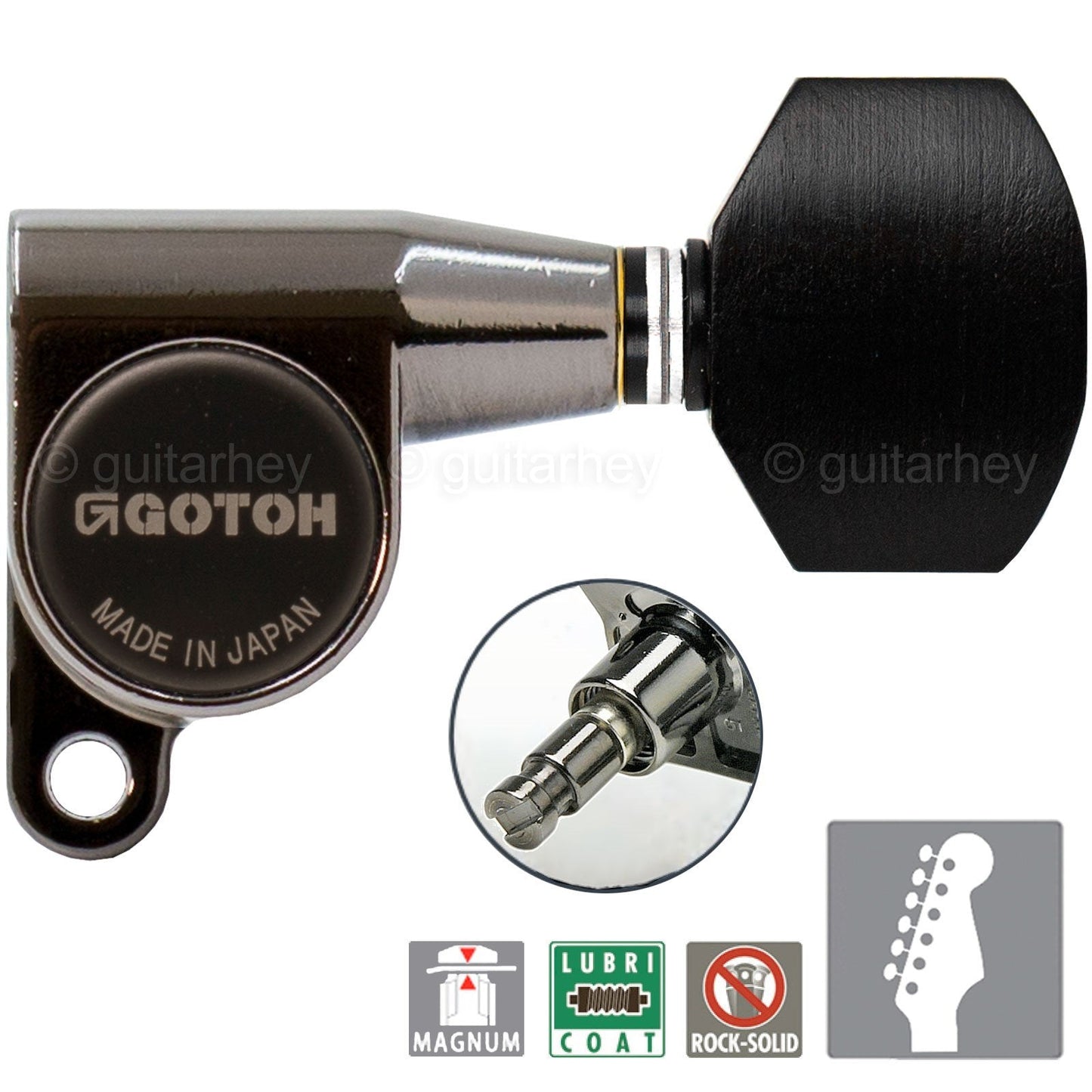 NEW Gotoh SG360-EN07 MG Locking Tuners Set 6 in line EBONY Buttons - COSMO BLACK