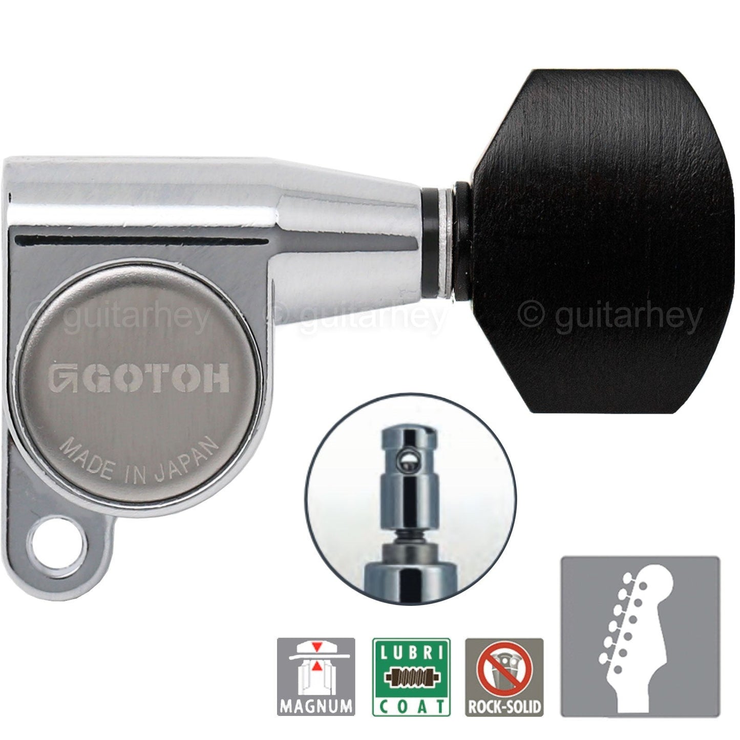 NEW Gotoh SG360-EN07 MG Locking Tuners Set 6 in line w/ EBONY Buttons - CHROME