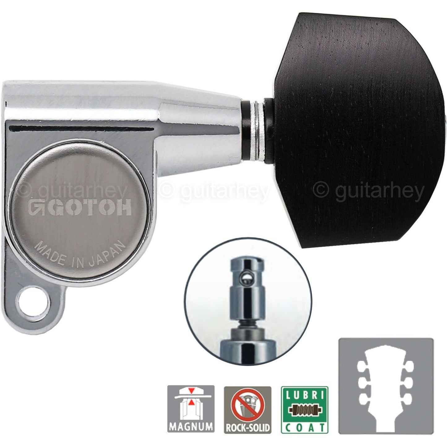 NEW Gotoh SG360-EN01 MG Locking Keys L3+R3 w/ Large EBONY Buttons Set 3x3 CHROME