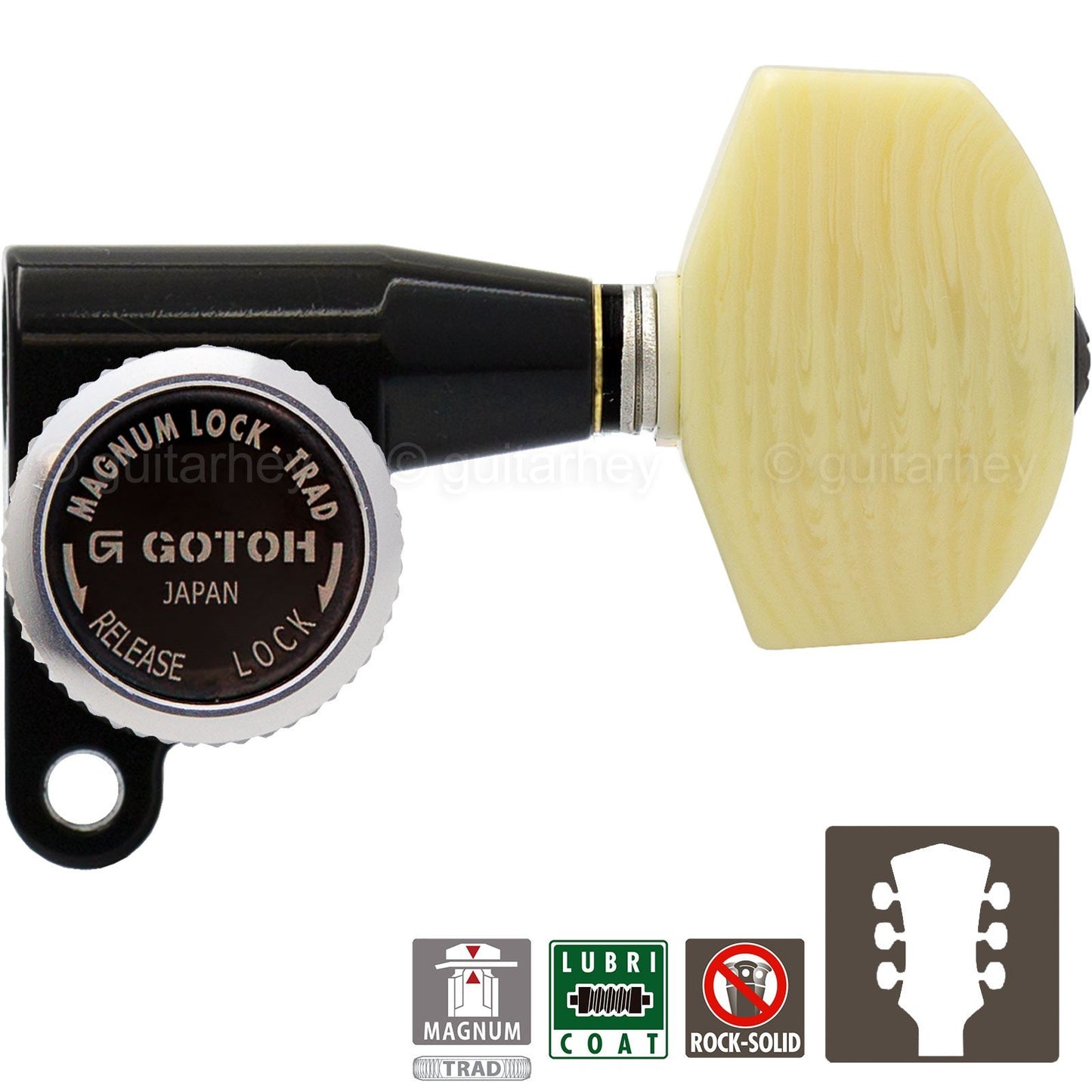 NEW Gotoh SG360-M01 MGT Locking Tuners L3+R3 w/ Large Ivory Buttons 3x3 - BLACK
