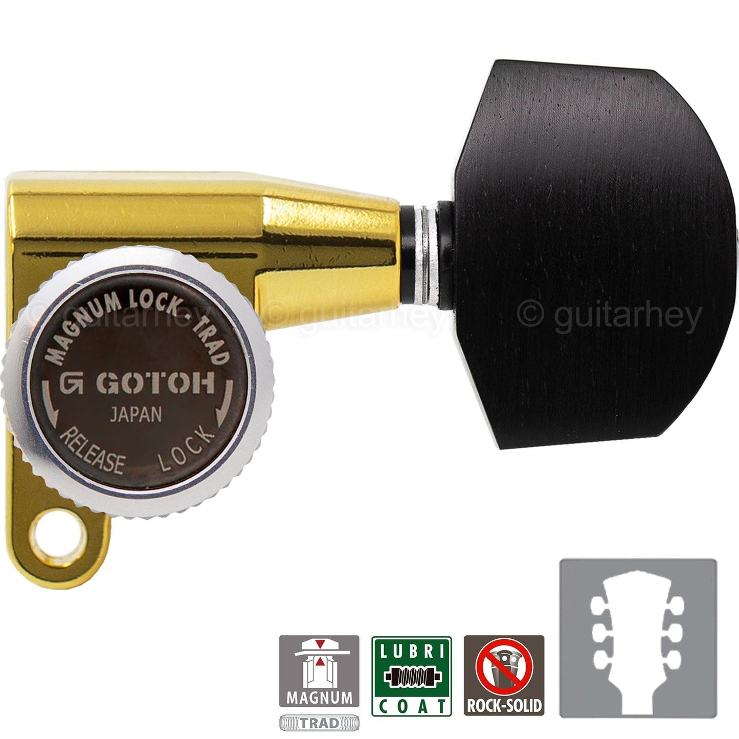 NEW Gotoh SG360-EN01 MGT Locking Tuners L3+R3 Keys Large EBONY Buttons 3x3, GOLD