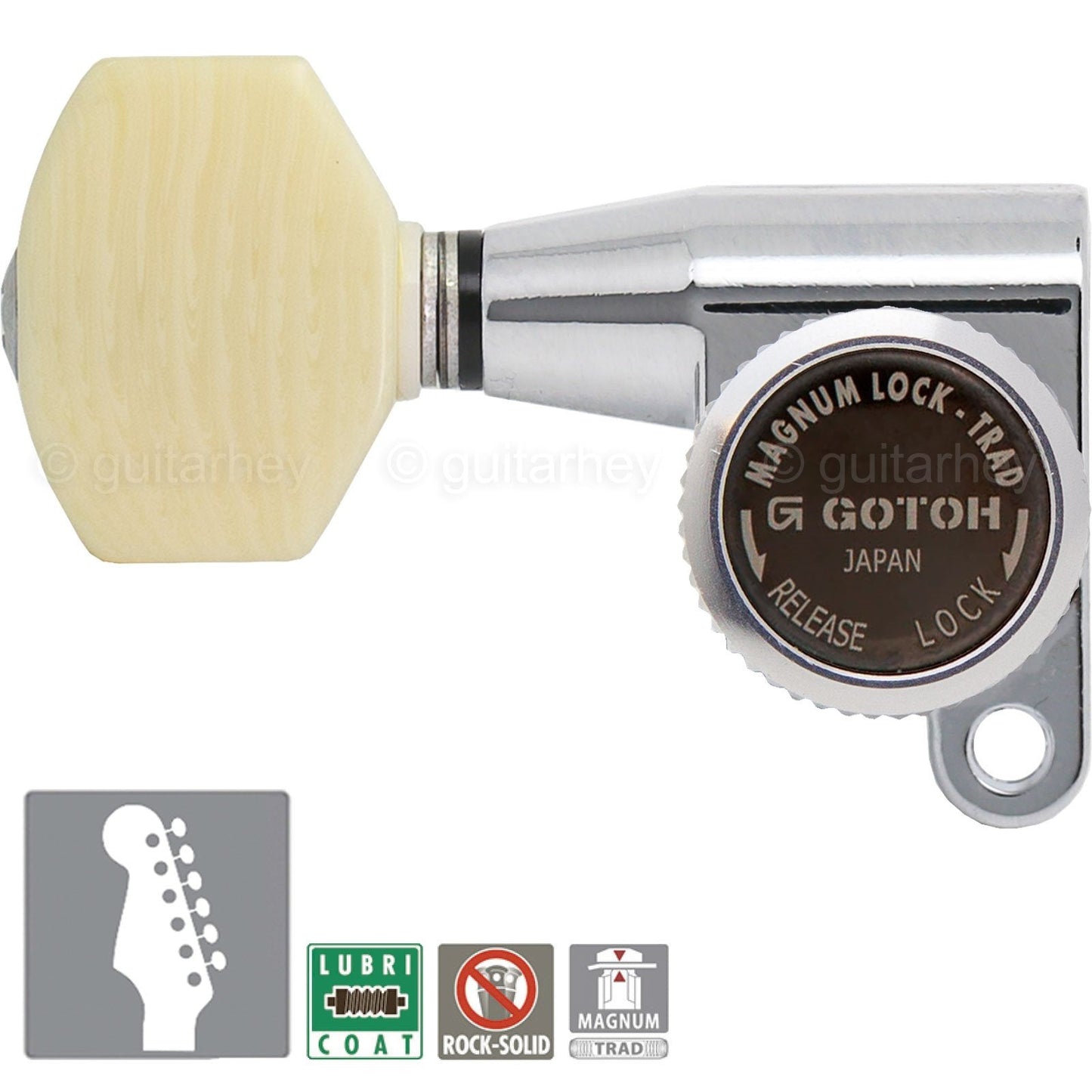 NEW Gotoh SG360-M07 MGT 6 In-Line Locking IVORY Buttons LEFT-HANDED - CHROME