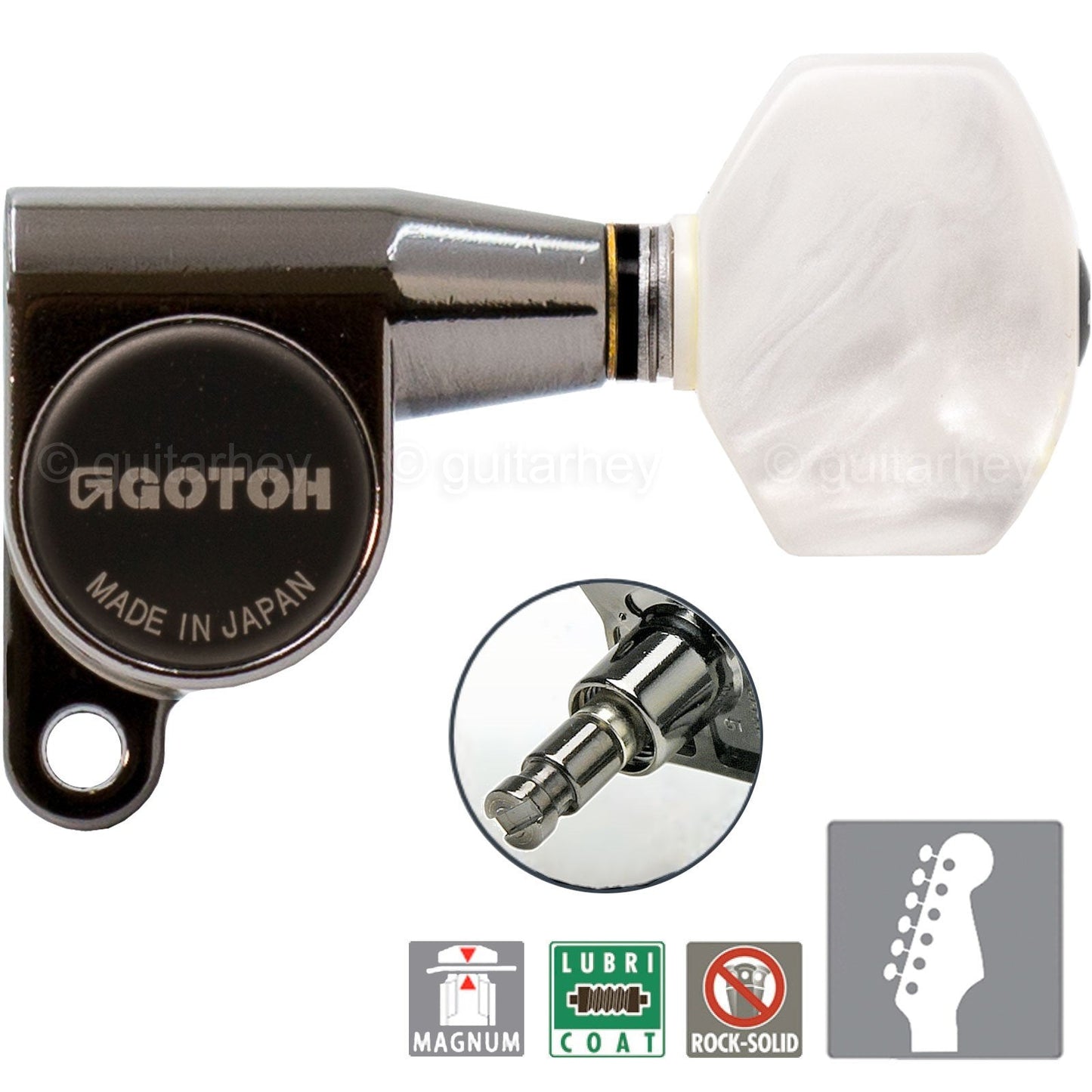 NEW Gotoh SG360-P7 MG MAGNUM LOCKING Set 6 in line PEARLOID Buttons, COSMO BLACK