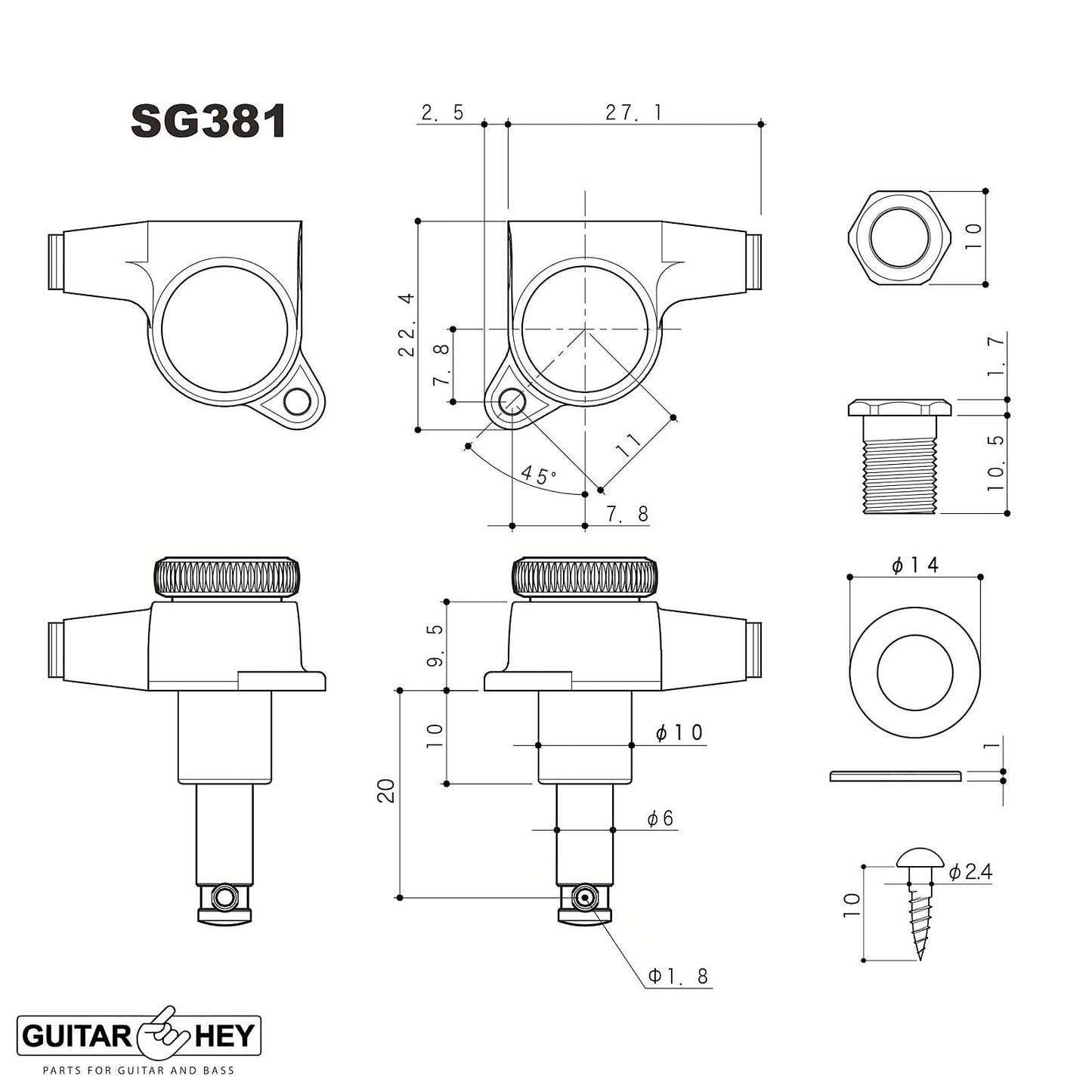 NEW Gotoh SG381-04 MGT Locking Tuning Keys w/ Keystone Buttons Set 3x3 - BLACK
