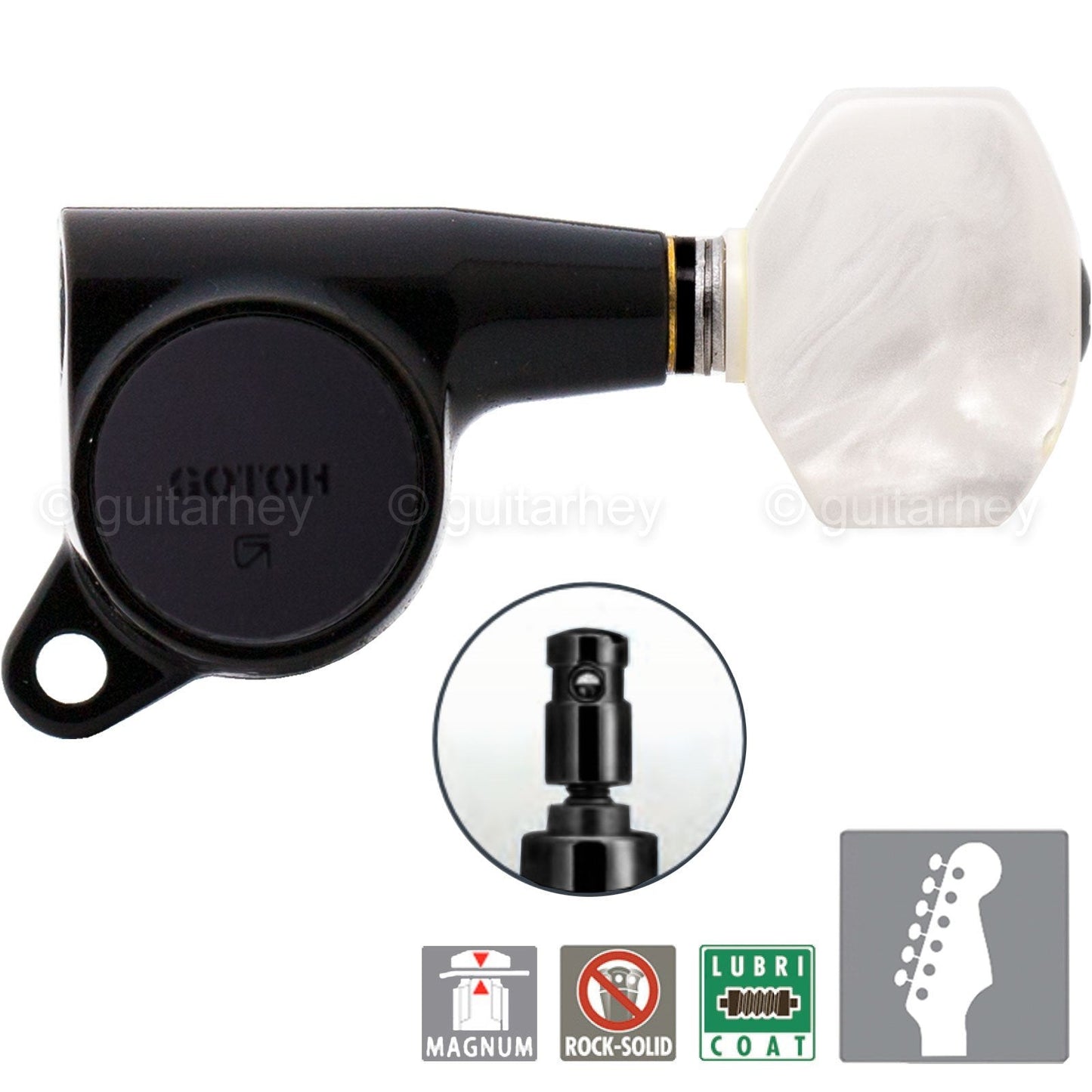NEW Gotoh SG381 MG Magnum Locking Keys Set 6 in line w/ PEARLOID Buttons - BLACK