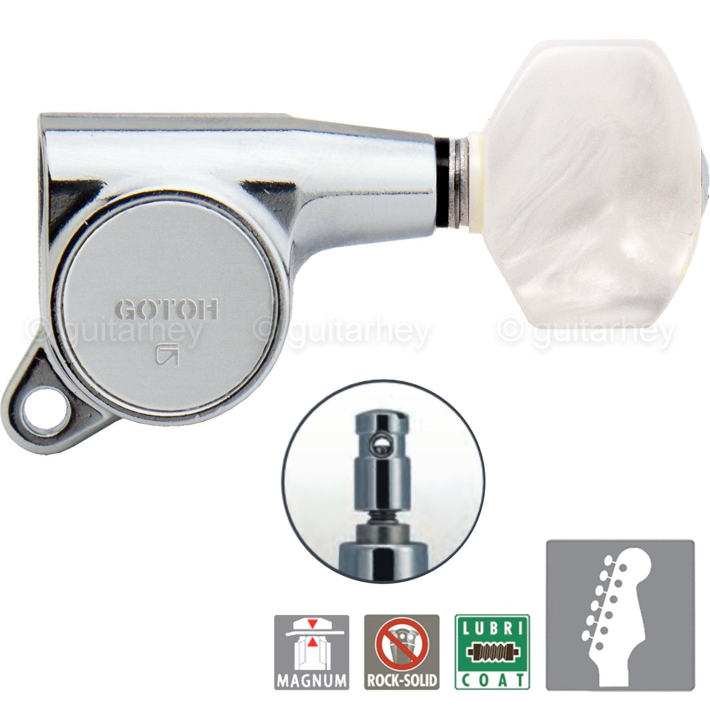 NEW Gotoh SG381 MG Magnum Locking Set 6-In-Line Keys PEARLOID Buttons - CHROME