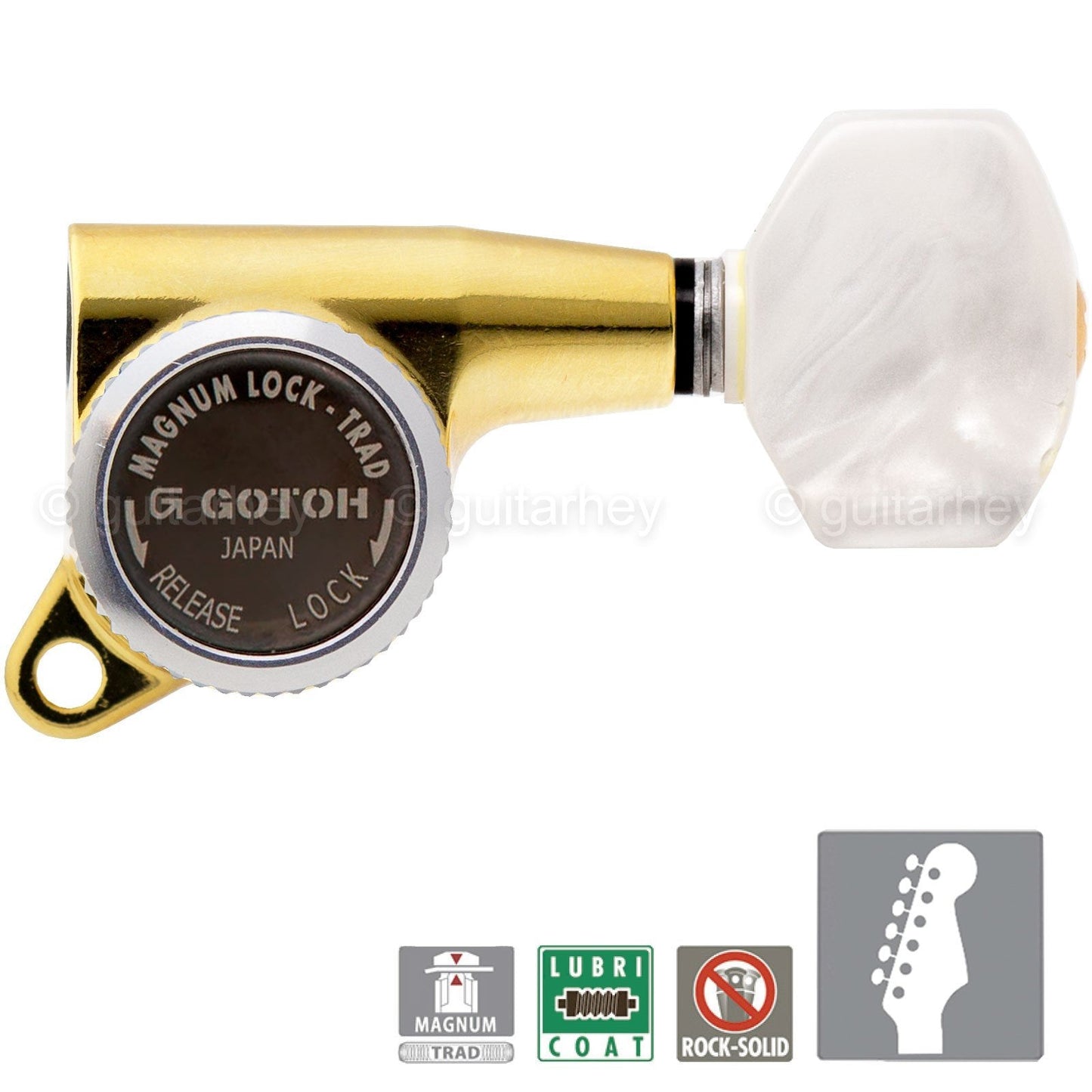 NEW Gotoh SG381 MGT Locking Tuning Keys Set 6 in Line PEARLOID Buttons - GOLD