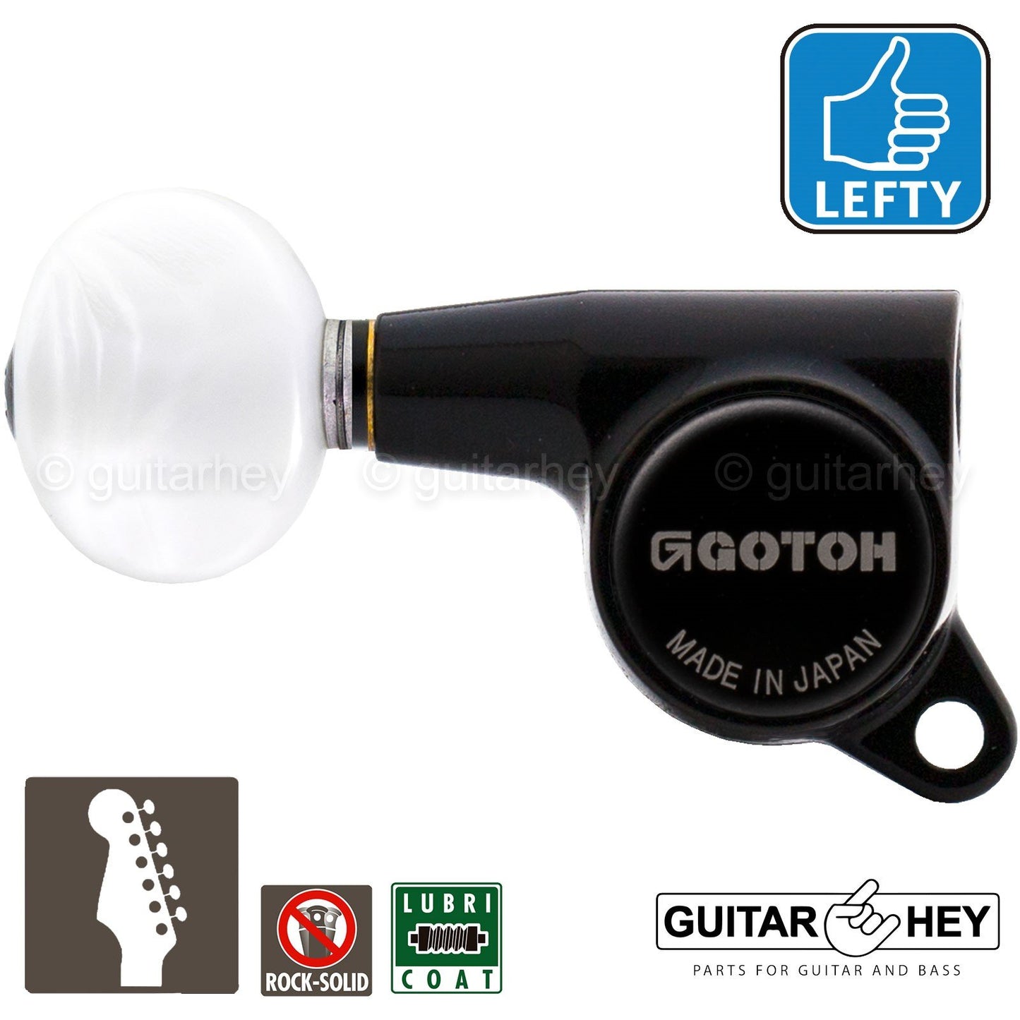 NEW Gotoh SG381-05P1 Set 6 in Line Mini Tuners OVAL Pearloid LEFT-HANDED - BLACK