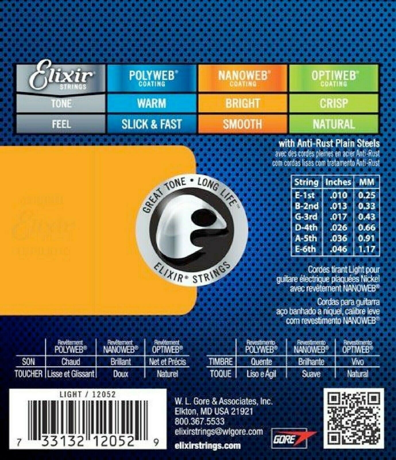 NEW Elixir 12052 Nanoweb Coating Light Electric Guitar Strings 1 Set Pack 10-46