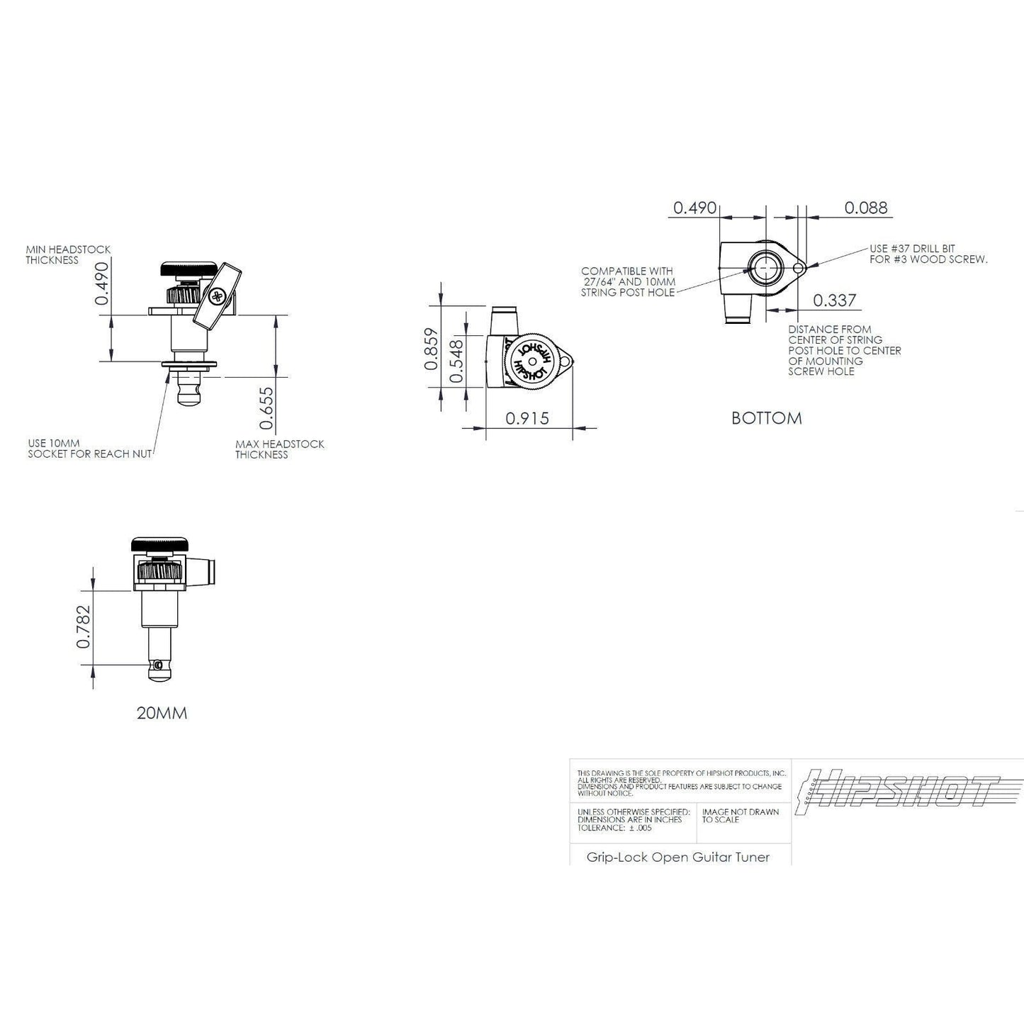 NEW Hipshot L3+R3 Grip-Locking Open-Gear Tuning Keys P07 w/ Screws 3x3 - BLACK