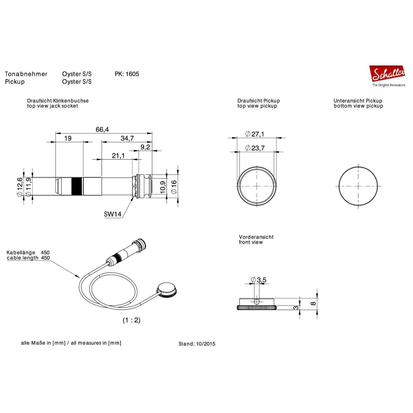 Schaller Oyster S/S (Single/Socket) Passive Internal Mount Piezo Pickup - NICKEL