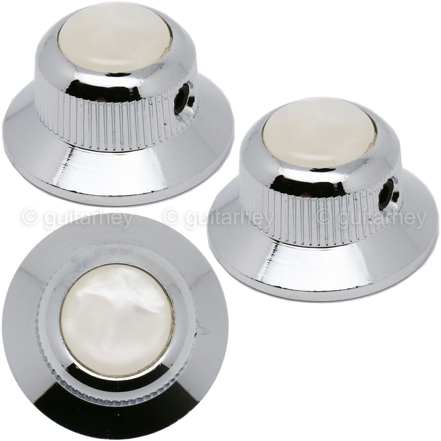 NEW (3) Q-Parts UFO Guitar Knobs KBU-0752 w/ Acrylic White Pearl on Top - CHROME