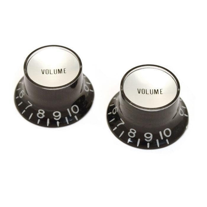 NEW (2) Embossed VOLUME Black Bell Top Hat KNOBS Silver Reflector for Gibson USA