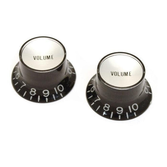 NEW (2) Embossed VOLUME Black Bell Top Hat KNOBS Silver Reflector for Gibson USA