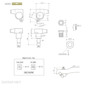 NEW Gotoh SG360-05 MG Locking Tuning Keys Schaller Mini M6 Style 3x3 - GOLD