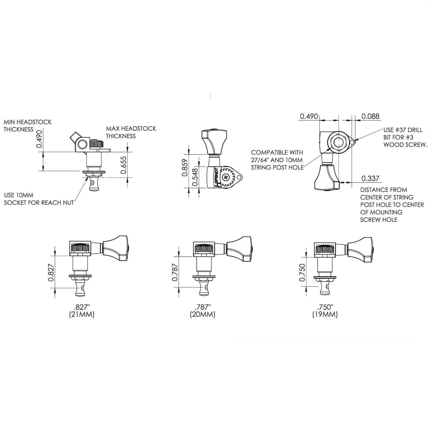 NEW Hipshot 6K1GN0B-STAG Classic Open-Gear Tuners 6 in line STAGGERED - BLACK